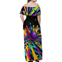 Custom Bowling Strike Design Family Matching Off Shoulder Maxi Dress and Hawaiian Shirt Colorful Pins and Purple Ball in Abstract Splatter Art Style - Wonder Print Shop