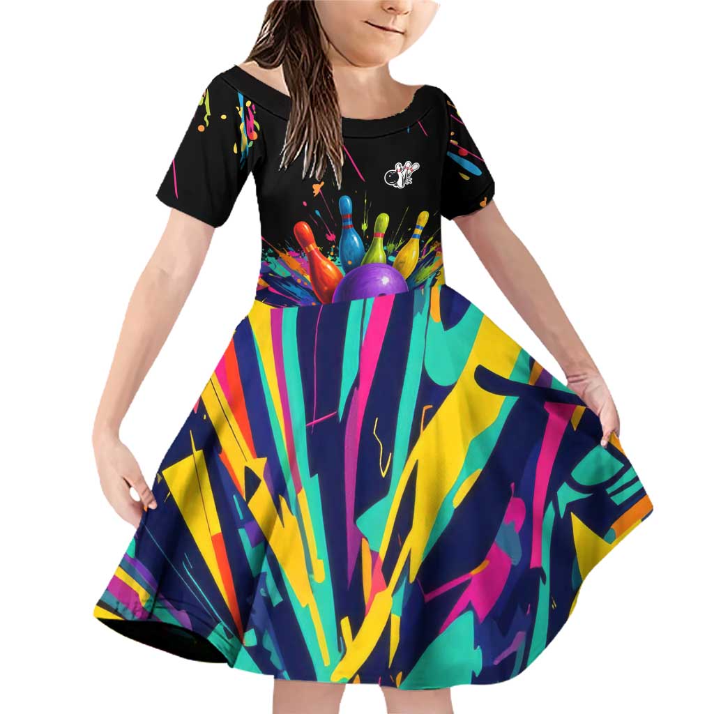 Custom Bowling Strike Design Family Matching Off Shoulder Short Dress and Hawaiian Shirt Colorful Pins and Purple Ball in Abstract Splatter Art Style - Wonder Print Shop