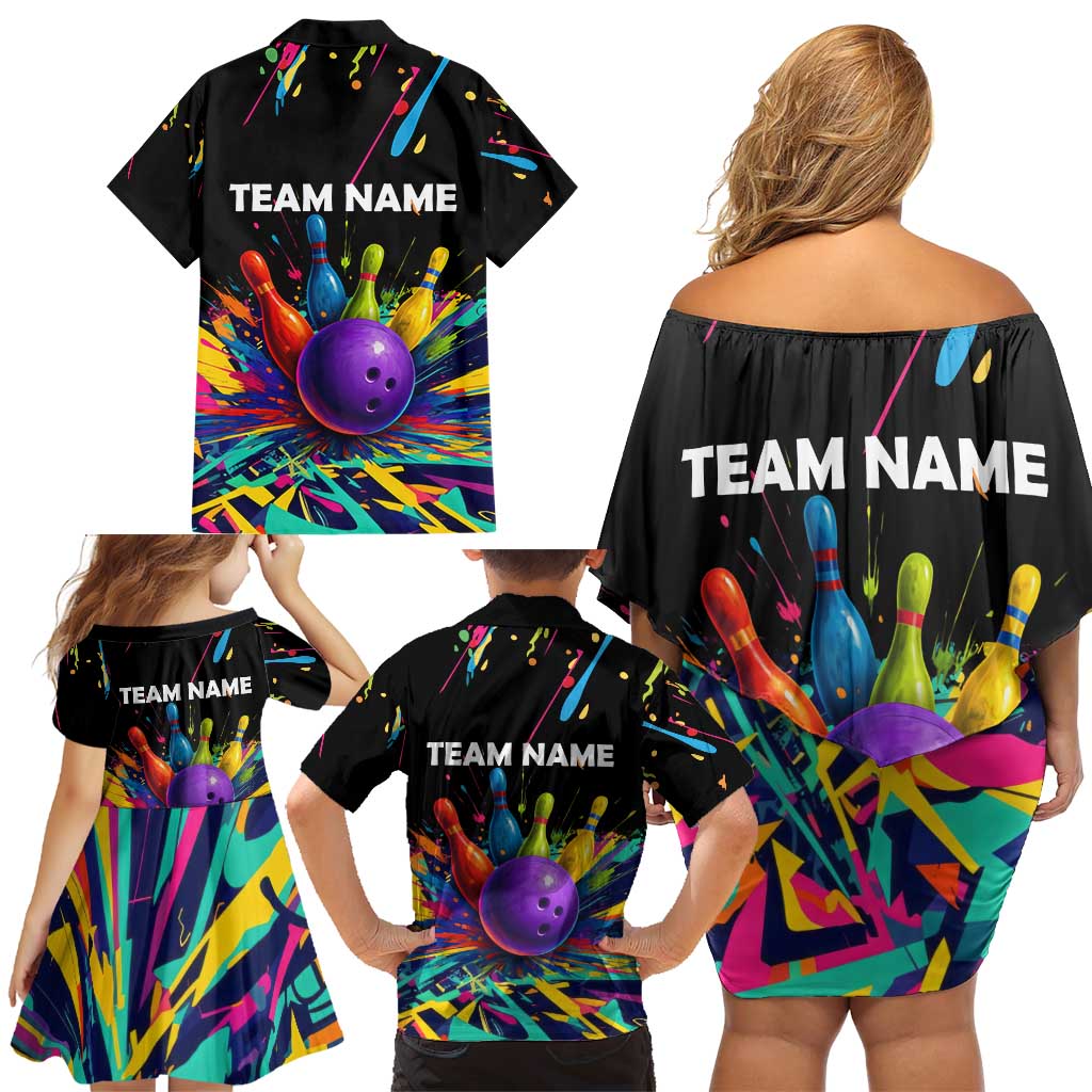 Custom Bowling Strike Design Family Matching Off Shoulder Short Dress and Hawaiian Shirt Colorful Pins and Purple Ball in Abstract Splatter Art Style - Wonder Print Shop