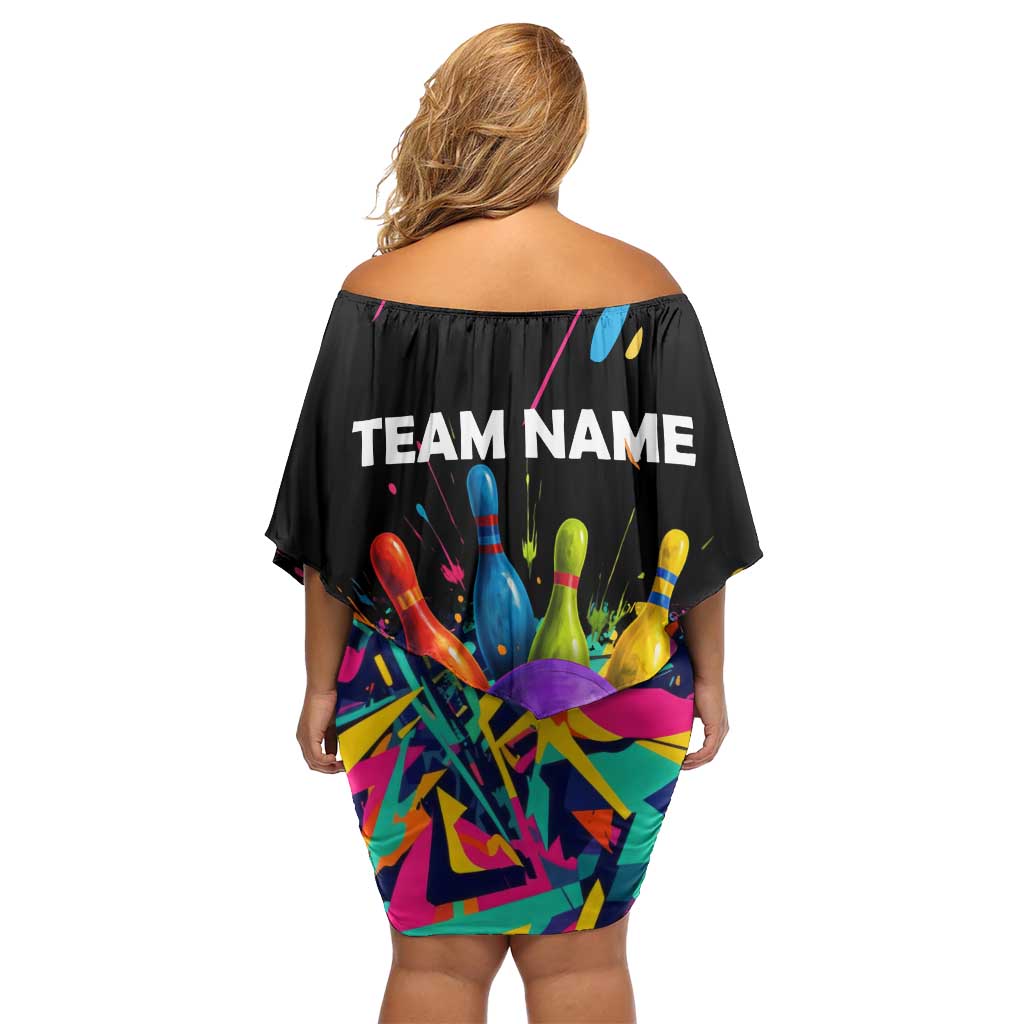Custom Bowling Strike Design Family Matching Off Shoulder Short Dress and Hawaiian Shirt Colorful Pins and Purple Ball in Abstract Splatter Art Style - Wonder Print Shop