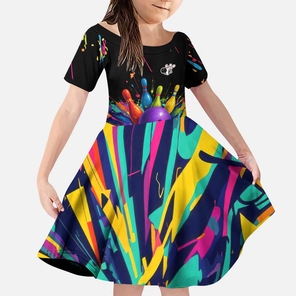 Custom Bowling Strike Design Family Matching Puletasi and Hawaiian Shirt Colorful Pins and Purple Ball in Abstract Splatter Art Style - Wonder Print Shop