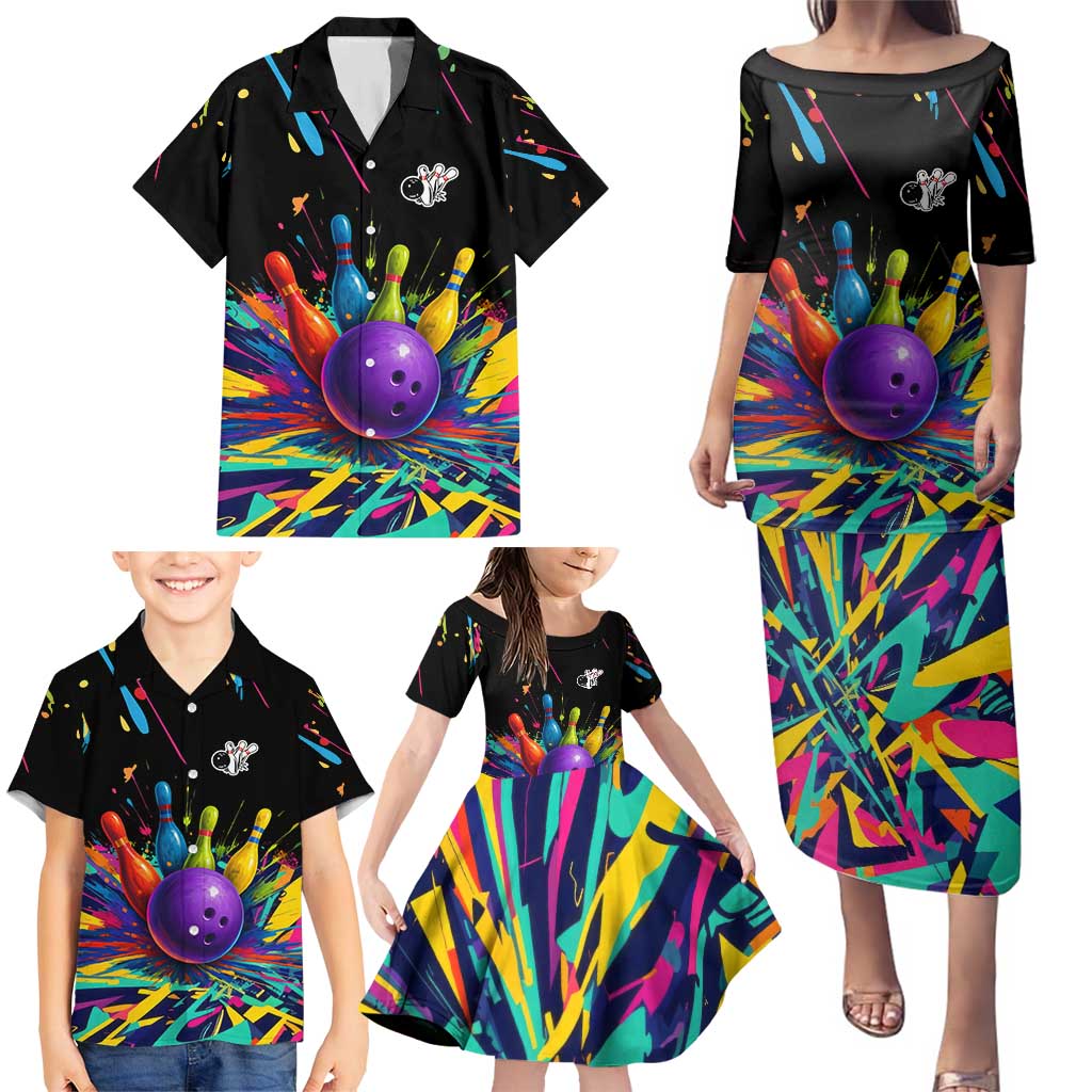 Custom Bowling Strike Design Family Matching Puletasi and Hawaiian Shirt Colorful Pins and Purple Ball in Abstract Splatter Art Style - Wonder Print Shop