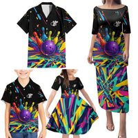 Custom Bowling Strike Design Family Matching Puletasi and Hawaiian Shirt Colorful Pins and Purple Ball in Abstract Splatter Art Style - Wonder Print Shop