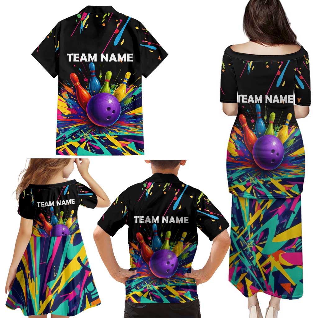 Custom Bowling Strike Design Family Matching Puletasi and Hawaiian Shirt Colorful Pins and Purple Ball in Abstract Splatter Art Style - Wonder Print Shop