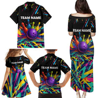 Custom Bowling Strike Design Family Matching Puletasi and Hawaiian Shirt Colorful Pins and Purple Ball in Abstract Splatter Art Style - Wonder Print Shop