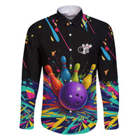 Custom Bowling Strike Design Family Matching Puletasi and Hawaiian Shirt Colorful Pins and Purple Ball in Abstract Splatter Art Style - Wonder Print Shop