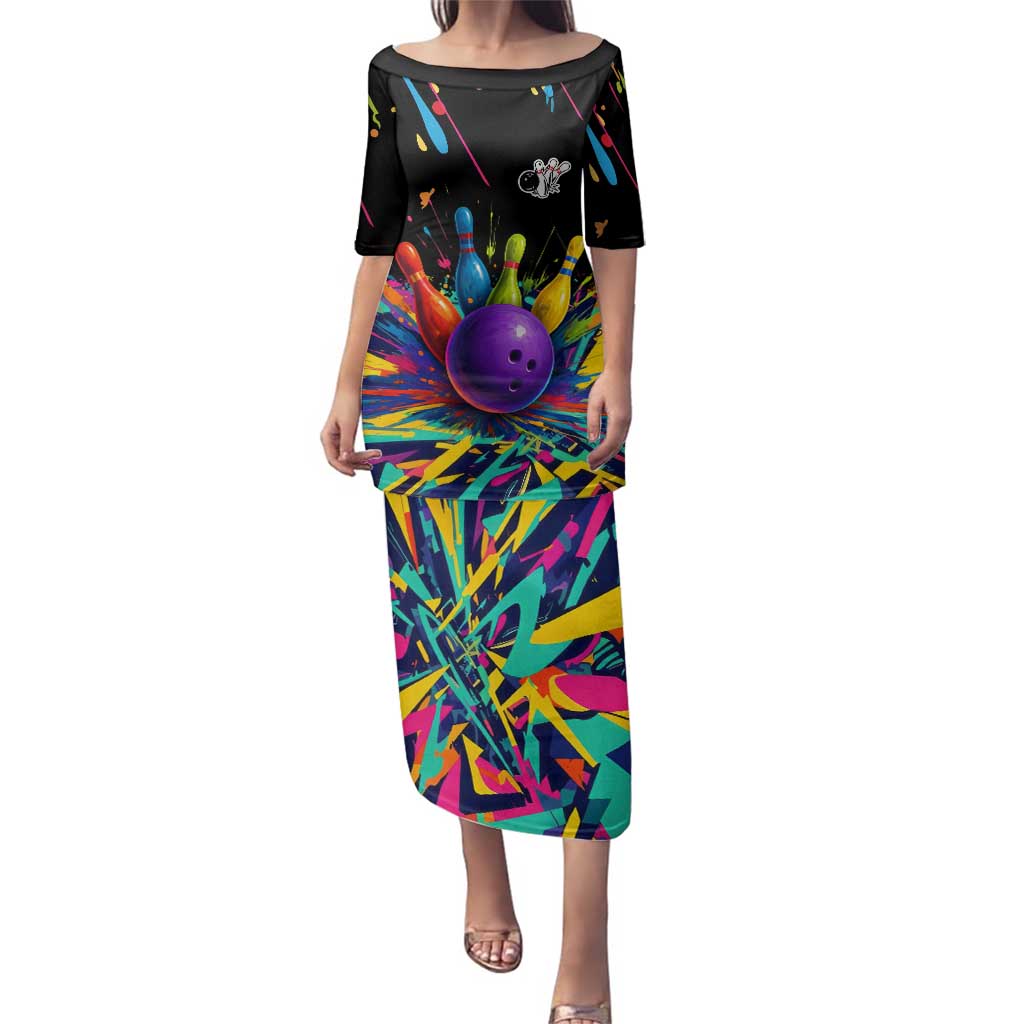 Custom Bowling Strike Design Family Matching Puletasi and Hawaiian Shirt Colorful Pins and Purple Ball in Abstract Splatter Art Style - Wonder Print Shop