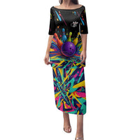 Custom Bowling Strike Design Family Matching Puletasi and Hawaiian Shirt Colorful Pins and Purple Ball in Abstract Splatter Art Style - Wonder Print Shop