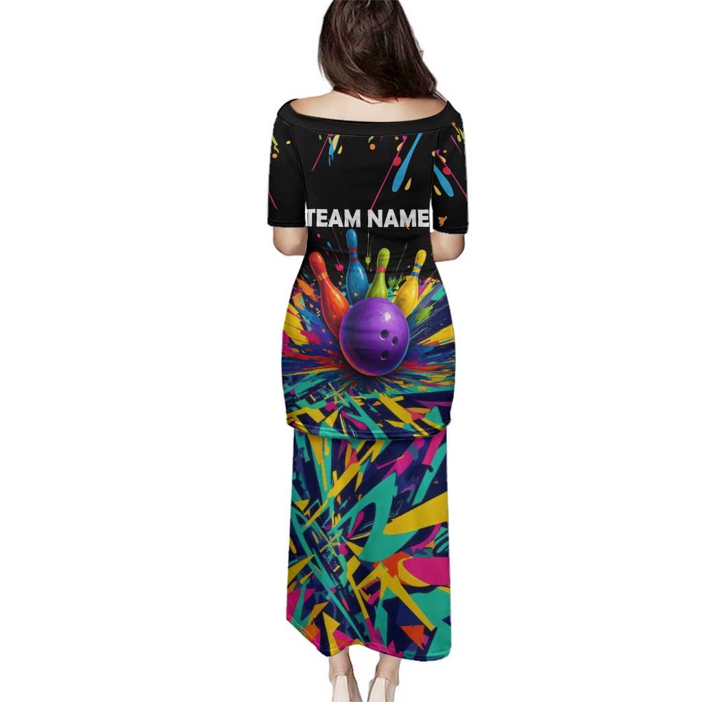 Custom Bowling Strike Design Family Matching Puletasi and Hawaiian Shirt Colorful Pins and Purple Ball in Abstract Splatter Art Style - Wonder Print Shop