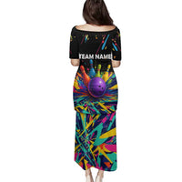 Custom Bowling Strike Design Family Matching Puletasi and Hawaiian Shirt Colorful Pins and Purple Ball in Abstract Splatter Art Style - Wonder Print Shop
