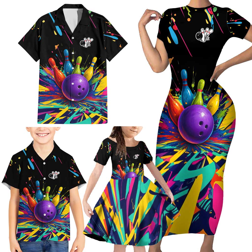 Custom Bowling Strike Design Family Matching Short Sleeve Bodycon Dress and Hawaiian Shirt Colorful Pins and Purple Ball in Abstract Splatter Art Style - Wonder Print Shop