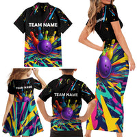 Custom Bowling Strike Design Family Matching Short Sleeve Bodycon Dress and Hawaiian Shirt Colorful Pins and Purple Ball in Abstract Splatter Art Style - Wonder Print Shop