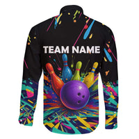 Custom Bowling Strike Design Family Matching Short Sleeve Bodycon Dress and Hawaiian Shirt Colorful Pins and Purple Ball in Abstract Splatter Art Style - Wonder Print Shop