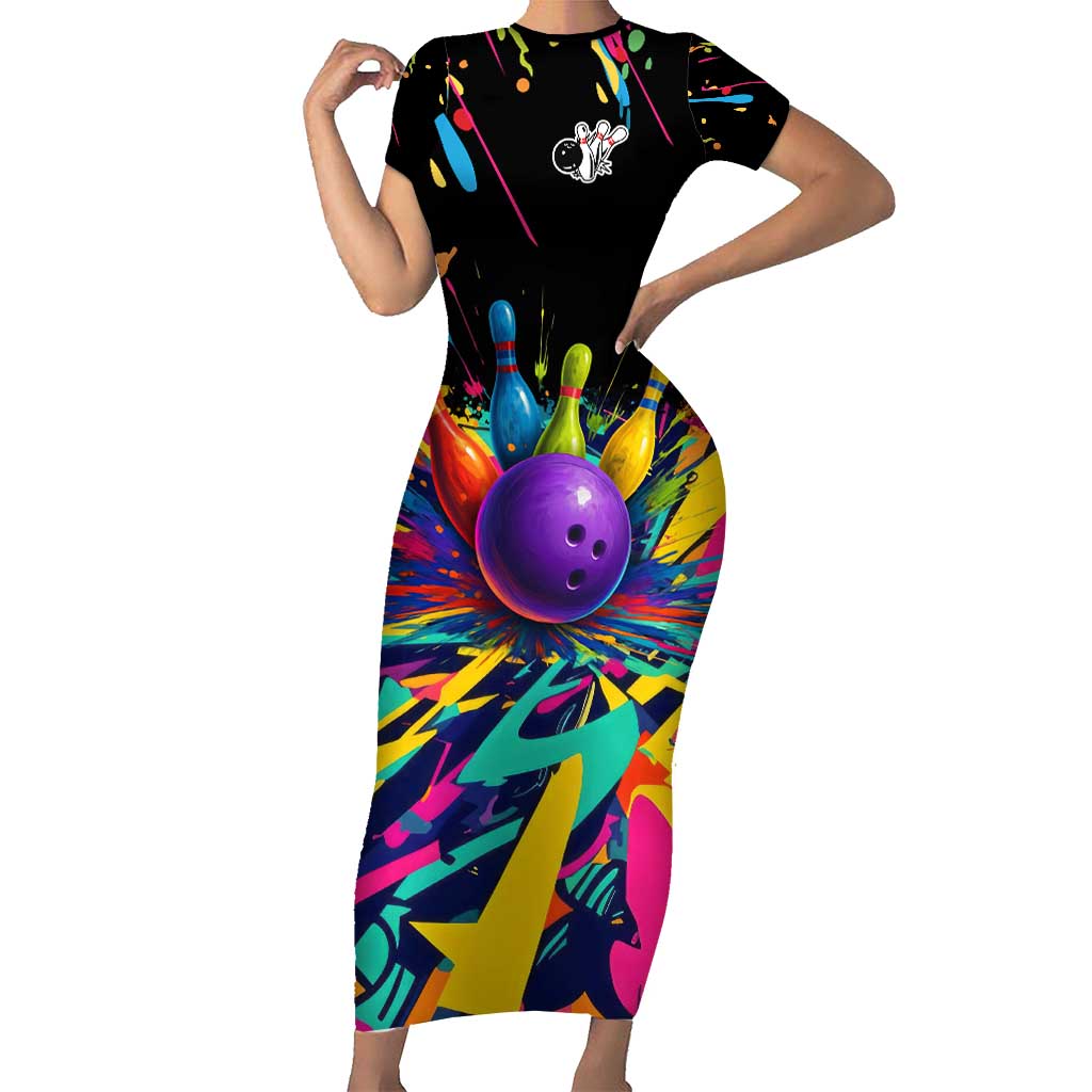 Custom Bowling Strike Design Family Matching Short Sleeve Bodycon Dress and Hawaiian Shirt Colorful Pins and Purple Ball in Abstract Splatter Art Style - Wonder Print Shop
