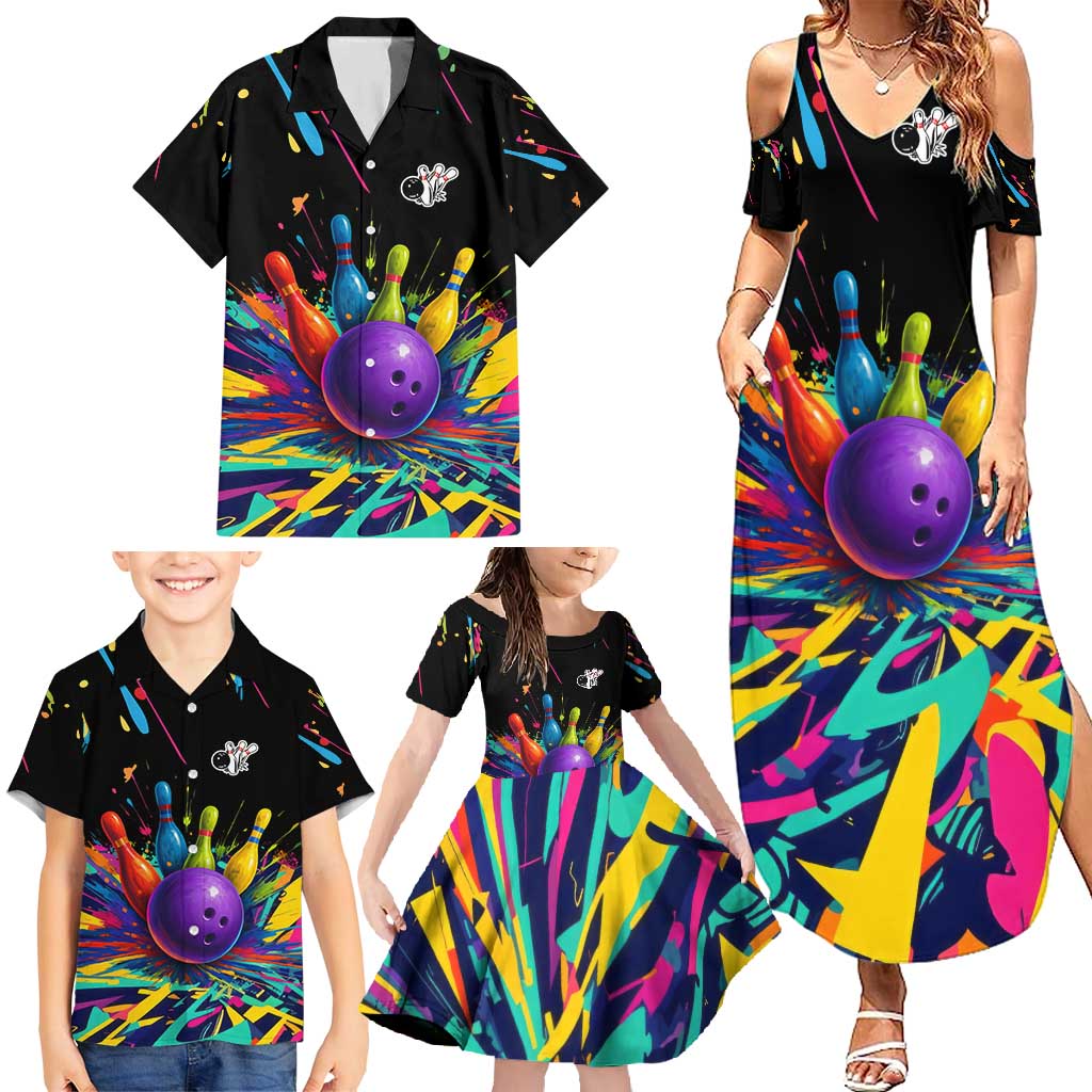Custom Bowling Strike Design Family Matching Summer Maxi Dress and Hawaiian Shirt Colorful Pins and Purple Ball in Abstract Splatter Art Style - Wonder Print Shop
