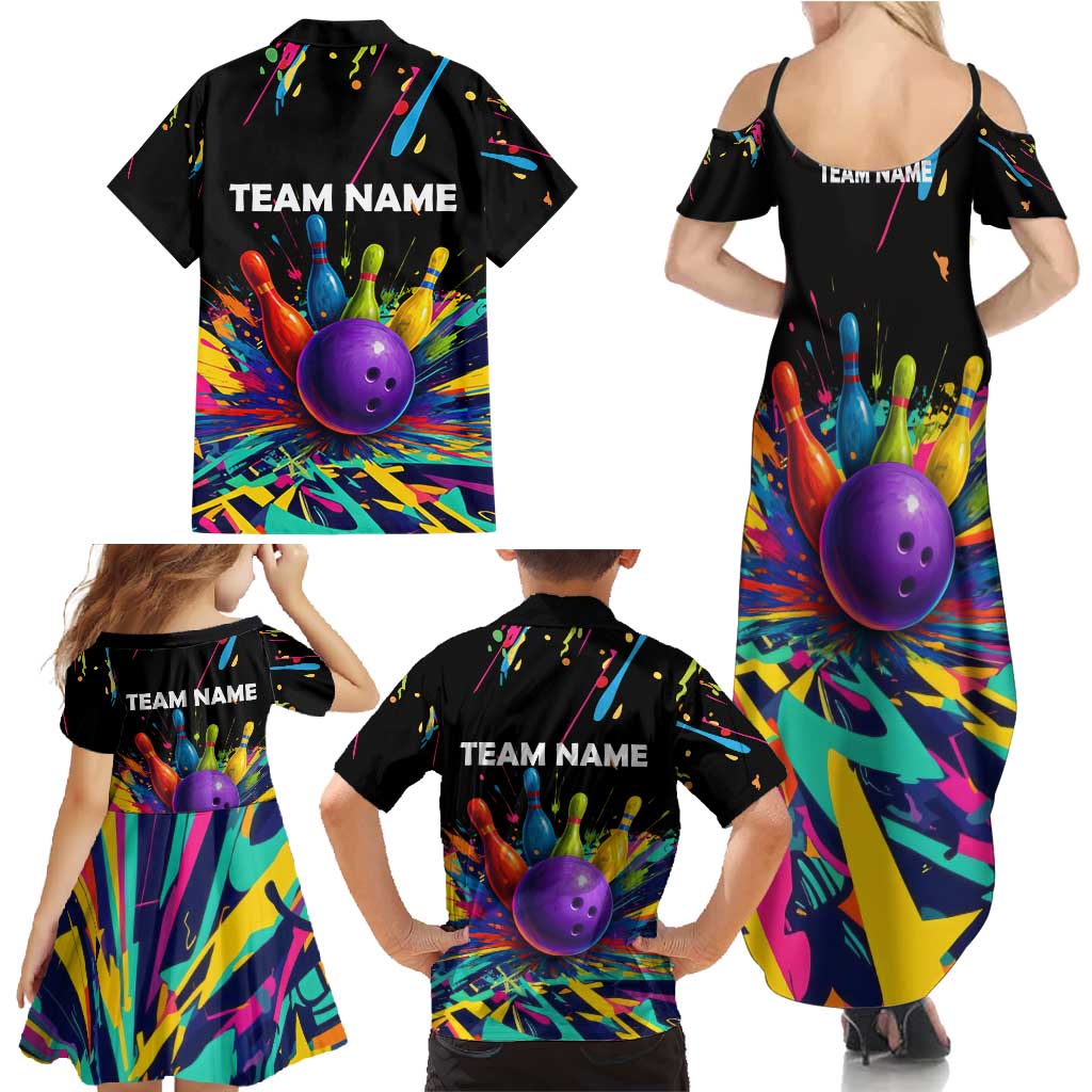 Custom Bowling Strike Design Family Matching Summer Maxi Dress and Hawaiian Shirt Colorful Pins and Purple Ball in Abstract Splatter Art Style - Wonder Print Shop