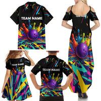 Custom Bowling Strike Design Family Matching Summer Maxi Dress and Hawaiian Shirt Colorful Pins and Purple Ball in Abstract Splatter Art Style - Wonder Print Shop