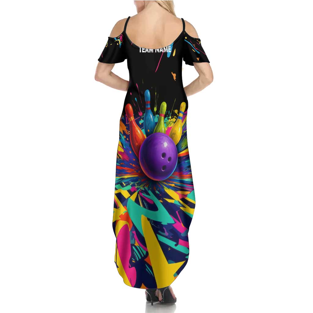 Custom Bowling Strike Design Family Matching Summer Maxi Dress and Hawaiian Shirt Colorful Pins and Purple Ball in Abstract Splatter Art Style - Wonder Print Shop