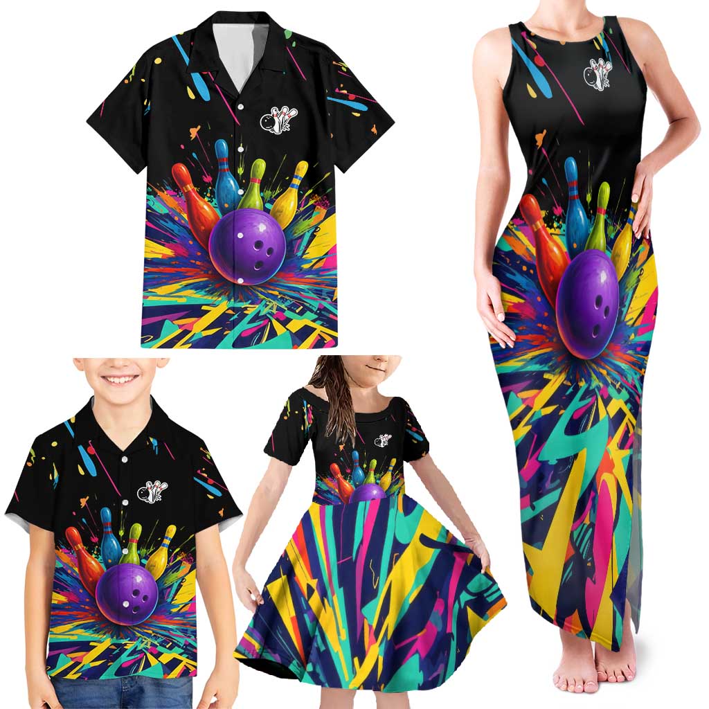 Custom Bowling Strike Design Family Matching Tank Maxi Dress and Hawaiian Shirt Colorful Pins and Purple Ball in Abstract Splatter Art Style - Wonder Print Shop