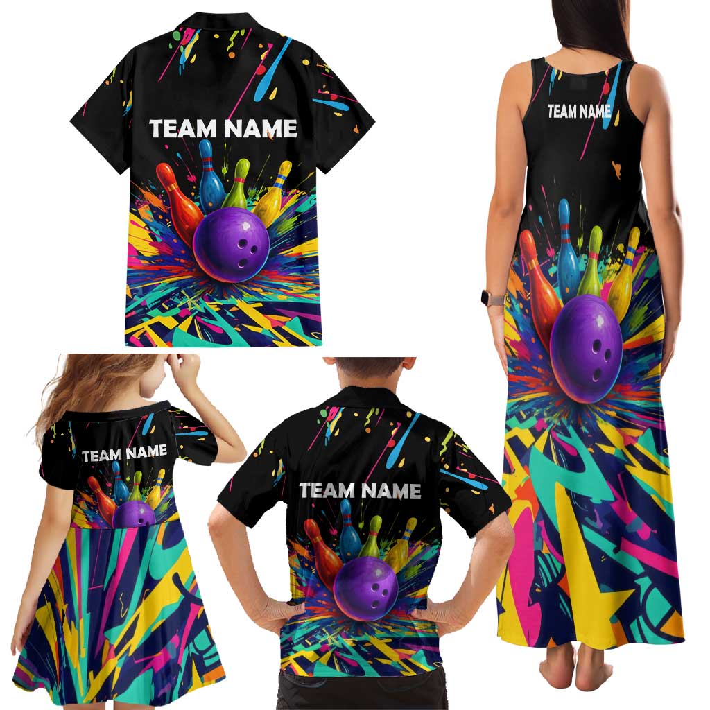 Custom Bowling Strike Design Family Matching Tank Maxi Dress and Hawaiian Shirt Colorful Pins and Purple Ball in Abstract Splatter Art Style - Wonder Print Shop