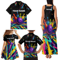Custom Bowling Strike Design Family Matching Tank Maxi Dress and Hawaiian Shirt Colorful Pins and Purple Ball in Abstract Splatter Art Style - Wonder Print Shop