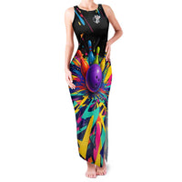Custom Bowling Strike Design Family Matching Tank Maxi Dress and Hawaiian Shirt Colorful Pins and Purple Ball in Abstract Splatter Art Style - Wonder Print Shop