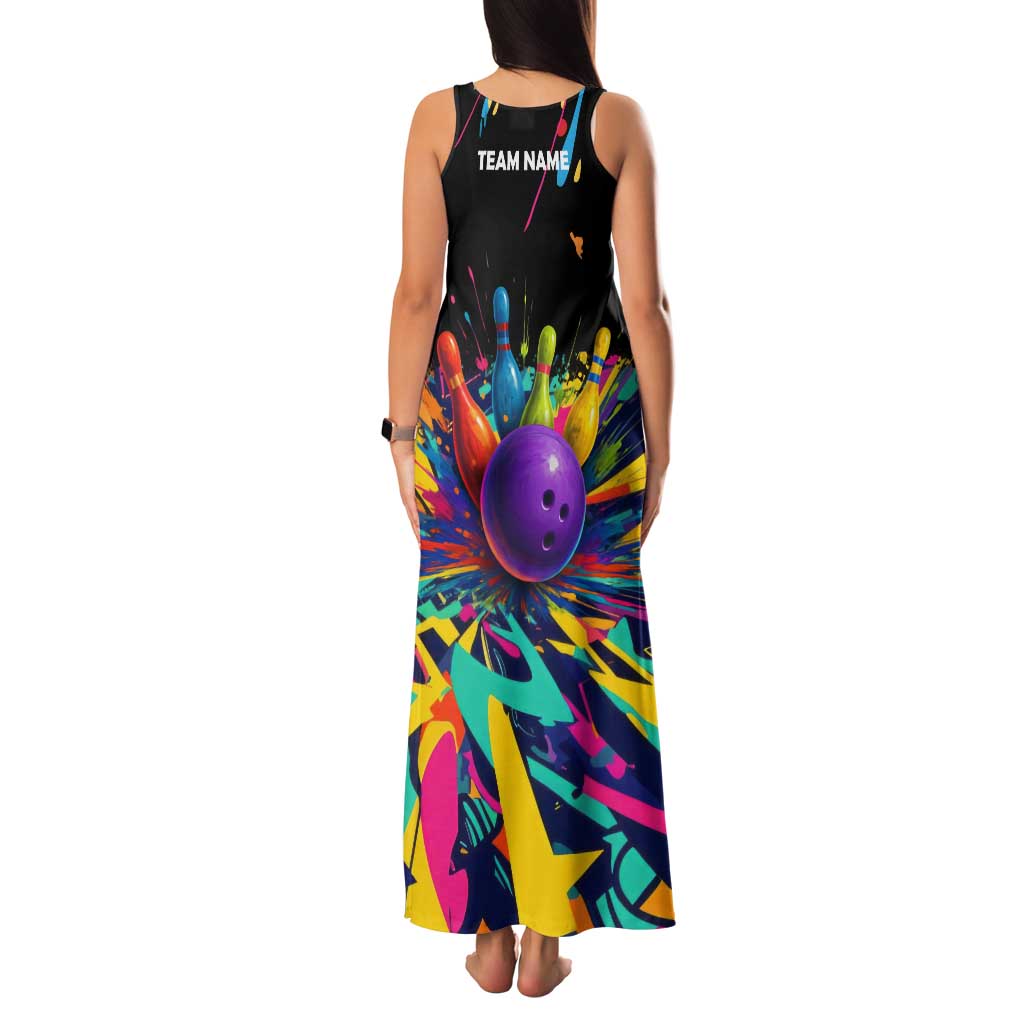 Custom Bowling Strike Design Family Matching Tank Maxi Dress and Hawaiian Shirt Colorful Pins and Purple Ball in Abstract Splatter Art Style - Wonder Print Shop