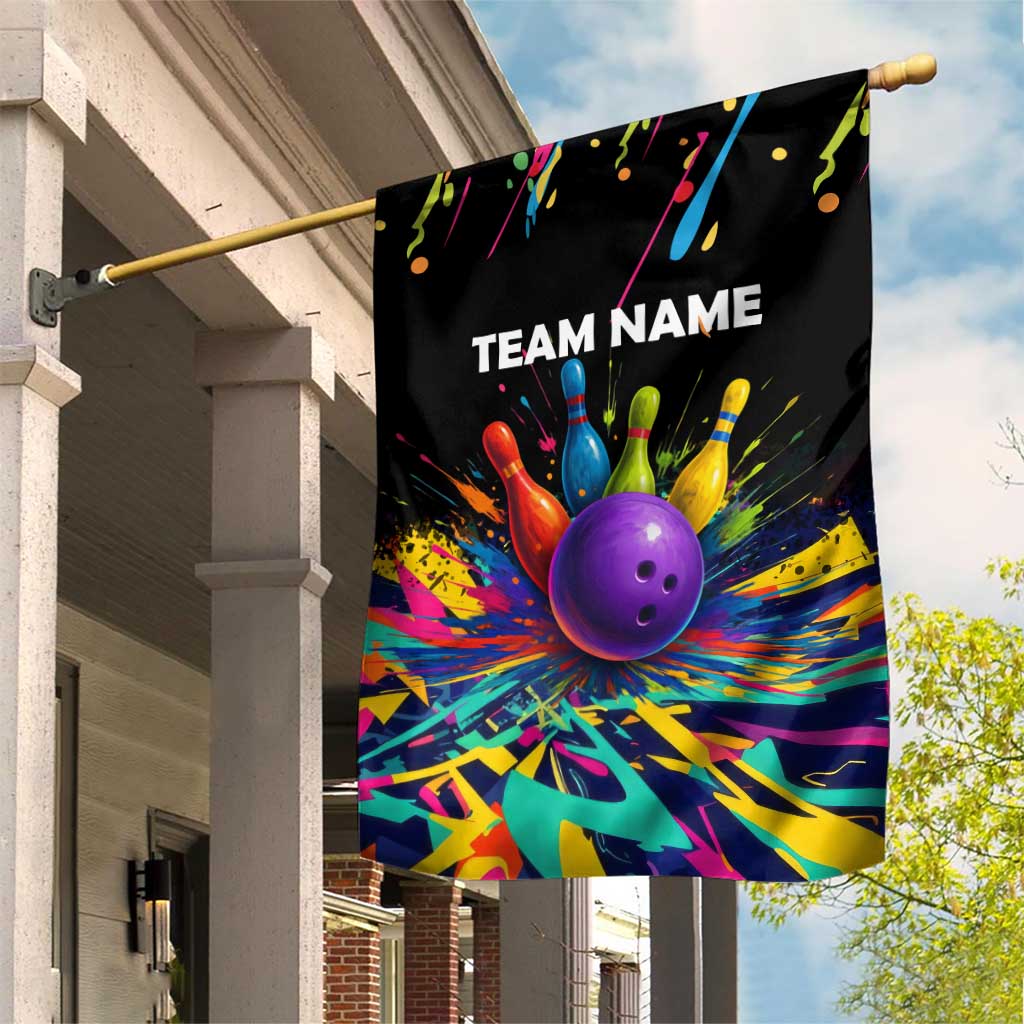 Custom Bowling Strike Design Garden Flag Colorful Pins and Purple Ball in Abstract Splatter Art Style - Wonder Print Shop