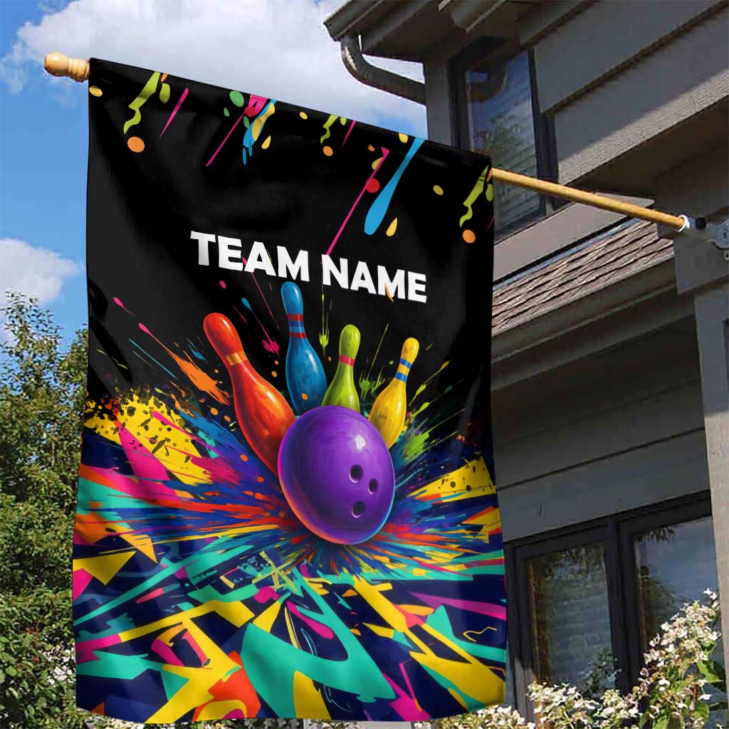 Custom Bowling Strike Design Garden Flag Colorful Pins and Purple Ball in Abstract Splatter Art Style - Wonder Print Shop