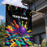 Custom Bowling Strike Design Garden Flag Colorful Pins and Purple Ball in Abstract Splatter Art Style - Wonder Print Shop