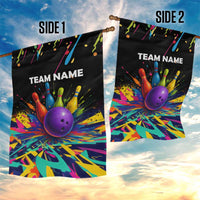 Custom Bowling Strike Design Garden Flag Colorful Pins and Purple Ball in Abstract Splatter Art Style - Wonder Print Shop