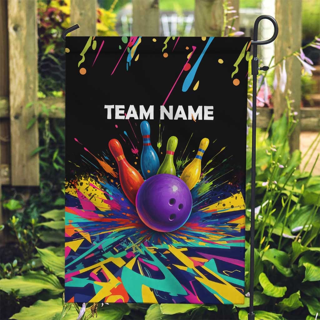 Custom Bowling Strike Design Garden Flag Colorful Pins and Purple Ball in Abstract Splatter Art Style - Wonder Print Shop