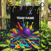 Custom Bowling Strike Design Garden Flag Colorful Pins and Purple Ball in Abstract Splatter Art Style - Wonder Print Shop