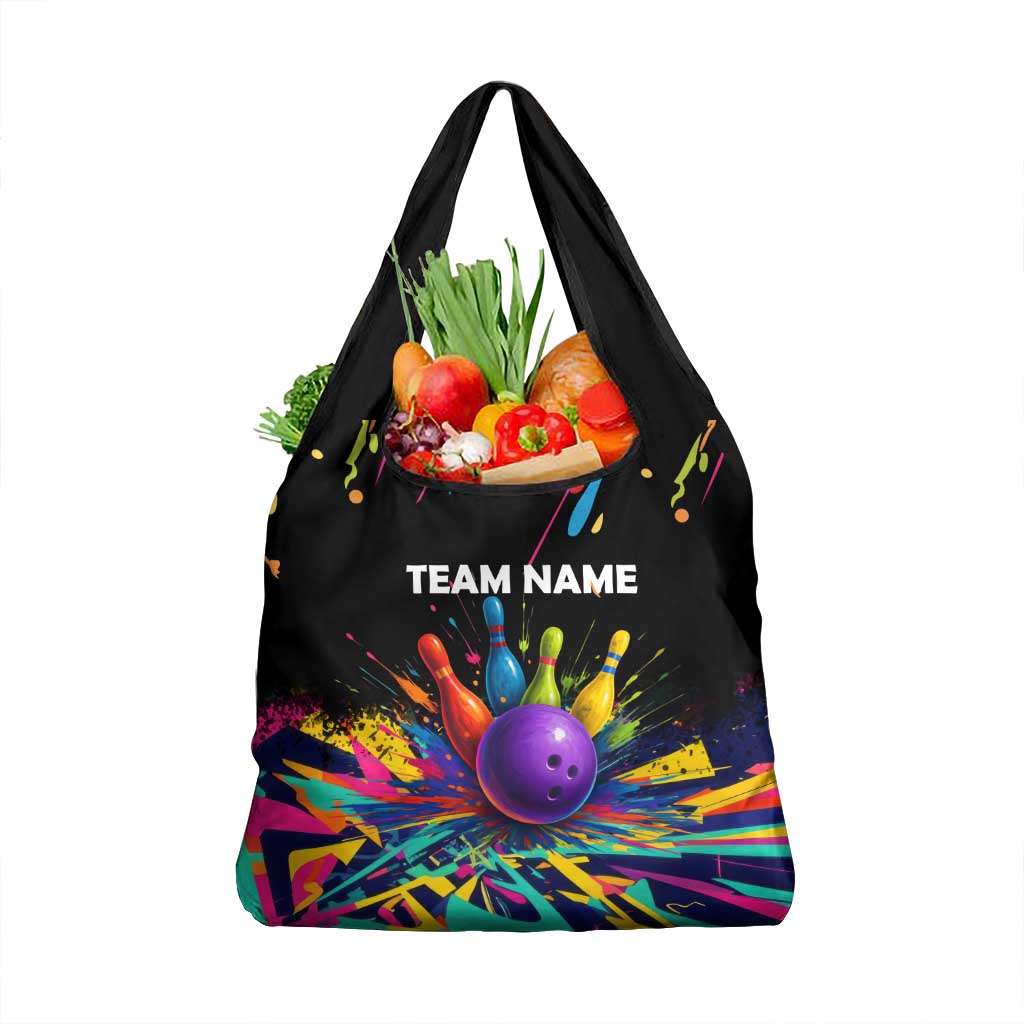 Custom Bowling Strike Design Grocery Bag Colorful Pins and Purple Ball in Abstract Splatter Art Style - Wonder Print Shop