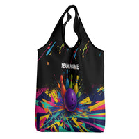 Custom Bowling Strike Design Grocery Bag Colorful Pins and Purple Ball in Abstract Splatter Art Style - Wonder Print Shop