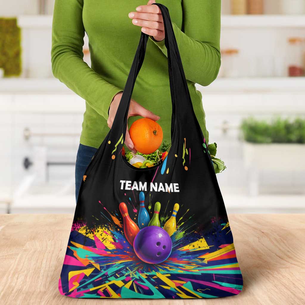 Custom Bowling Strike Design Grocery Bag Colorful Pins and Purple Ball in Abstract Splatter Art Style - Wonder Print Shop
