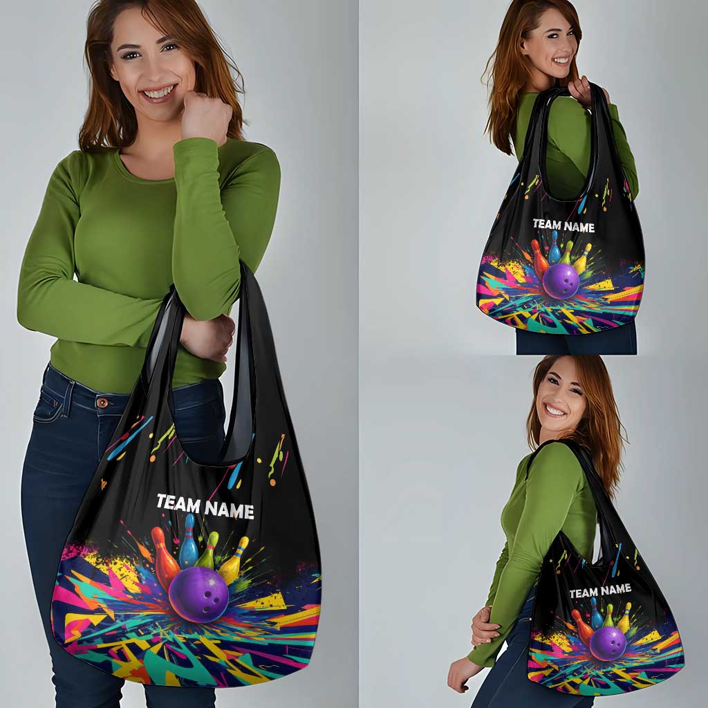 Custom Bowling Strike Design Grocery Bag Colorful Pins and Purple Ball in Abstract Splatter Art Style - Wonder Print Shop