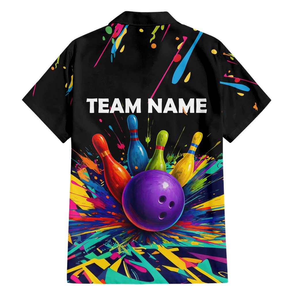 Custom Bowling Strike Design Hawaiian Shirt Colorful Pins and Purple Ball in Abstract Splatter Art Style - Wonder Print Shop