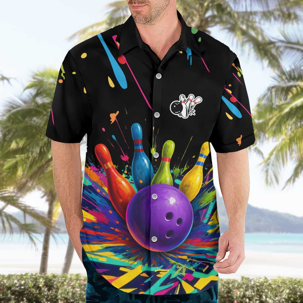 Custom Bowling Strike Design Hawaiian Shirt Colorful Pins and Purple Ball in Abstract Splatter Art Style - Wonder Print Shop