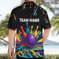 Custom Bowling Strike Design Hawaiian Shirt Colorful Pins and Purple Ball in Abstract Splatter Art Style - Wonder Print Shop