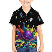 Custom Bowling Strike Design Hawaiian Shirt Colorful Pins and Purple Ball in Abstract Splatter Art Style - Wonder Print Shop