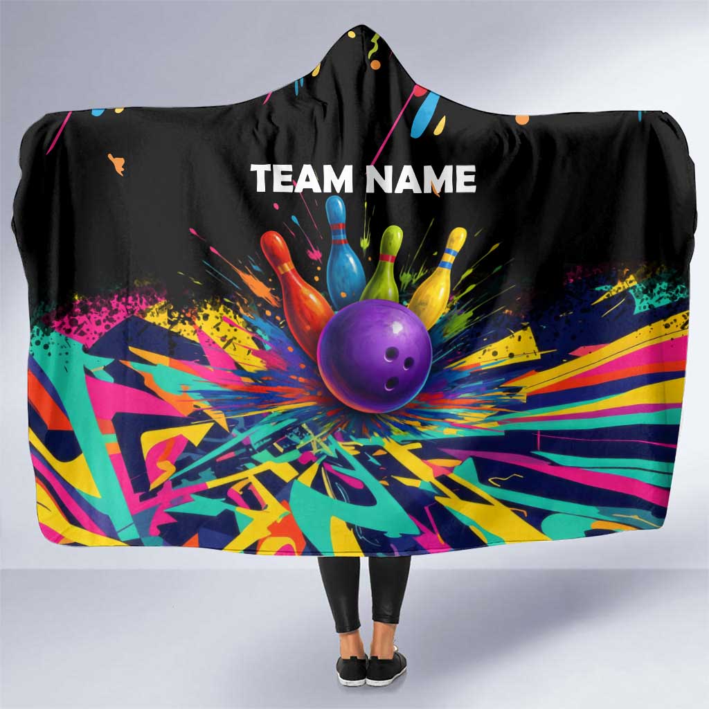 Custom Bowling Strike Design Hooded Blanket Colorful Pins and Purple Ball in Abstract Splatter Art Style - Wonder Print Shop