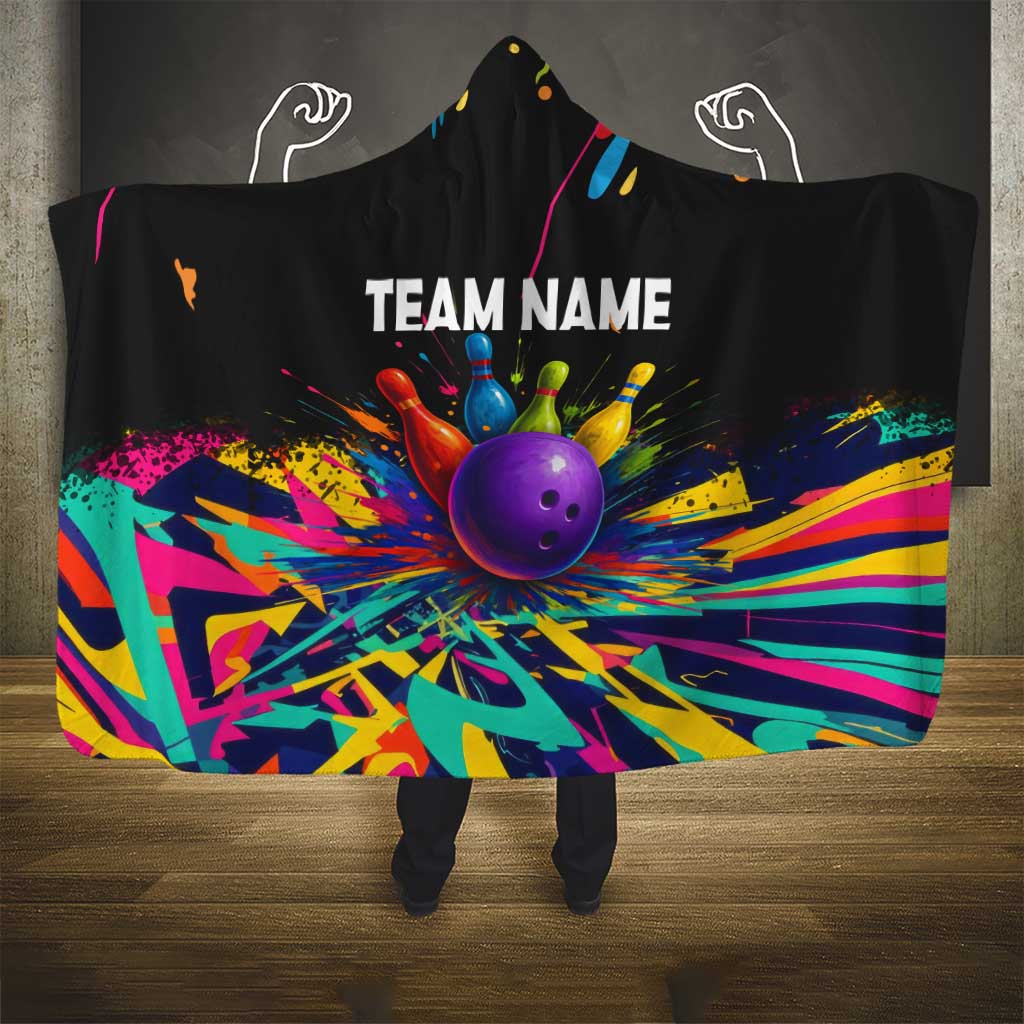 Custom Bowling Strike Design Hooded Blanket Colorful Pins and Purple Ball in Abstract Splatter Art Style - Wonder Print Shop