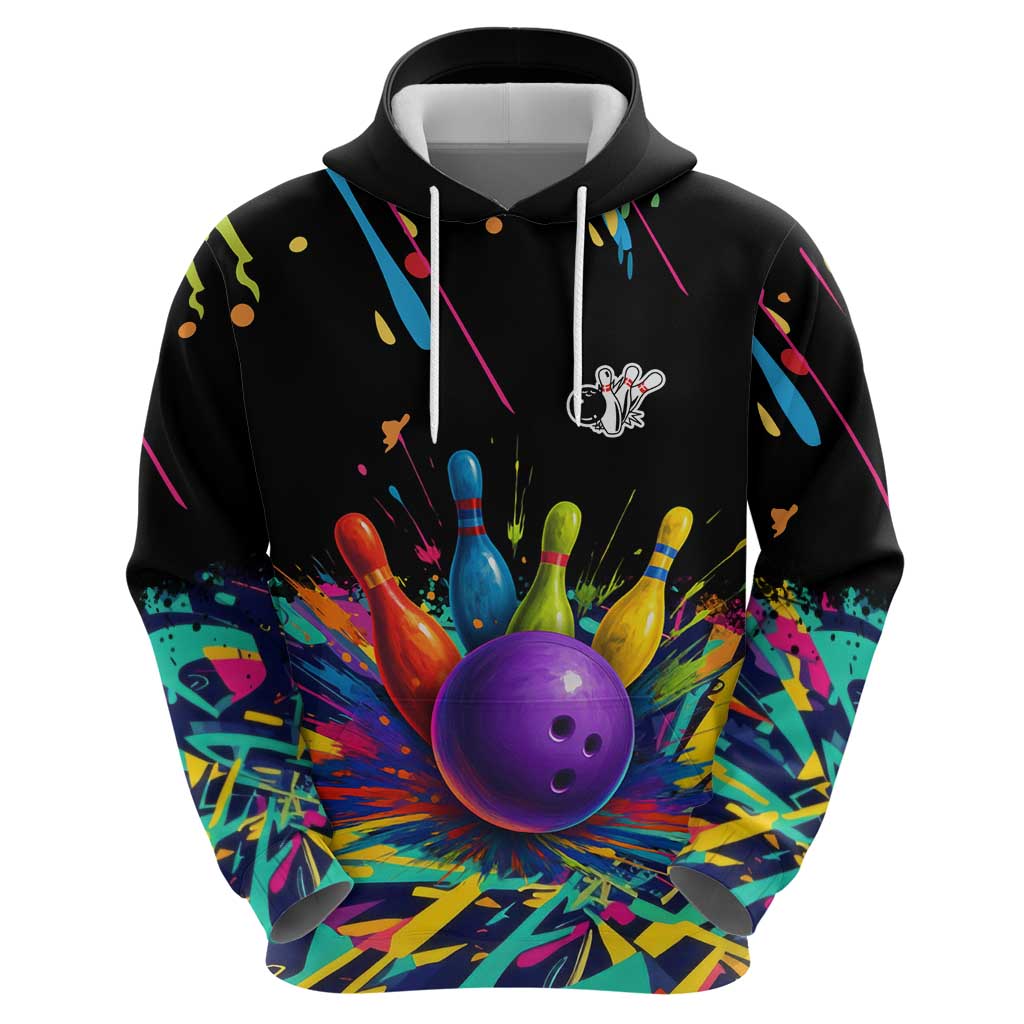 Custom Bowling Strike Design Hoodie Colorful Pins and Purple Ball in Abstract Splatter Art Style - Wonder Print Shop