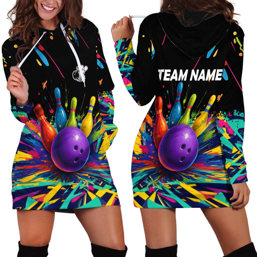 Custom Bowling Strike Design Hoodie Dress Colorful Pins and Purple Ball in Abstract Splatter Art Style - Wonder Print Shop