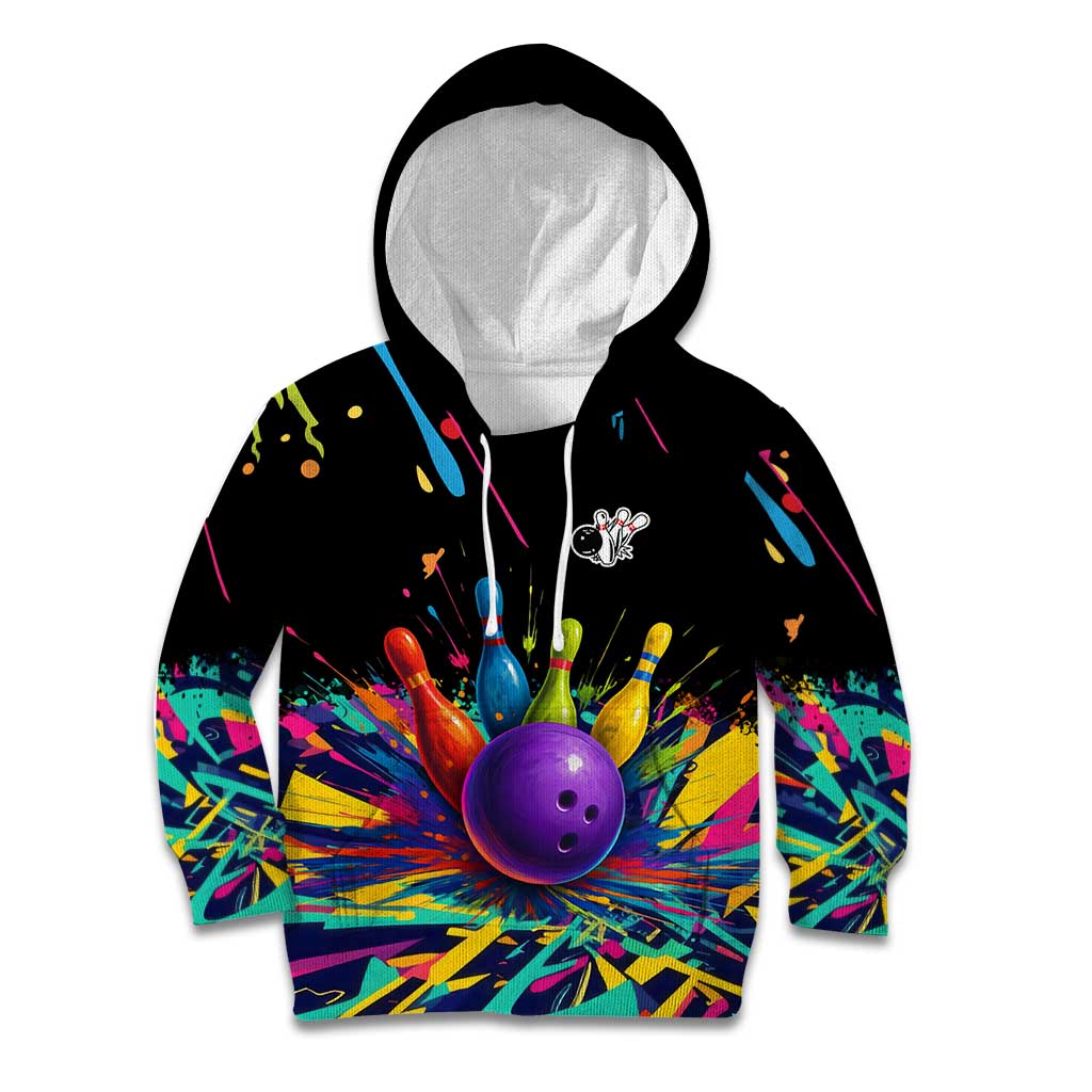Custom Bowling Strike Design Kid Hoodie Colorful Pins and Purple Ball in Abstract Splatter Art Style - Wonder Print Shop