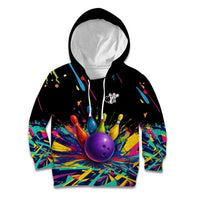 Custom Bowling Strike Design Kid Hoodie Colorful Pins and Purple Ball in Abstract Splatter Art Style - Wonder Print Shop