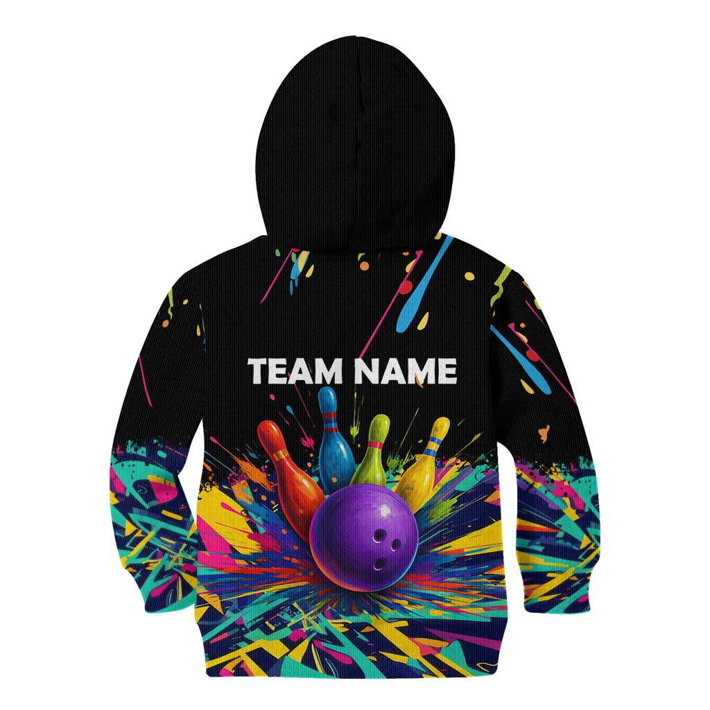 Custom Bowling Strike Design Kid Hoodie Colorful Pins and Purple Ball in Abstract Splatter Art Style - Wonder Print Shop