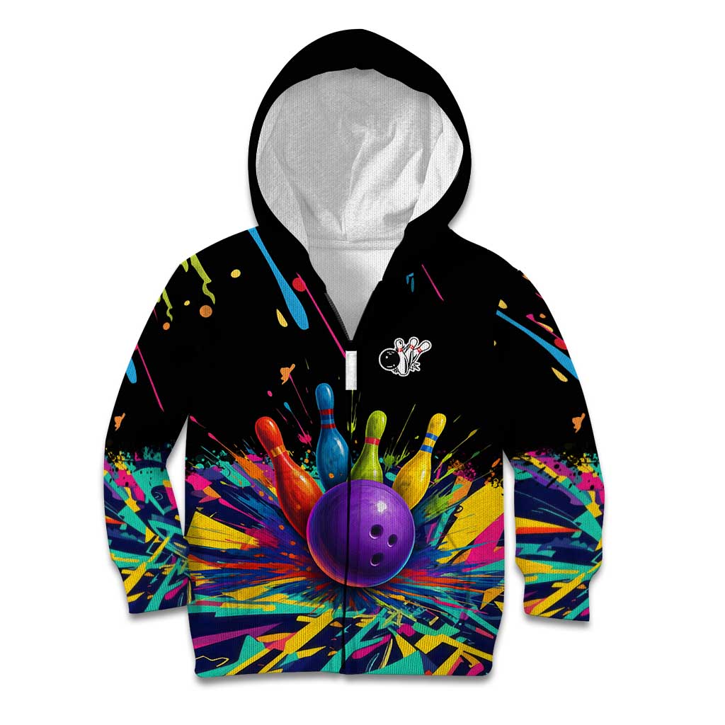 Custom Bowling Strike Design Kid Hoodie Colorful Pins and Purple Ball in Abstract Splatter Art Style - Wonder Print Shop