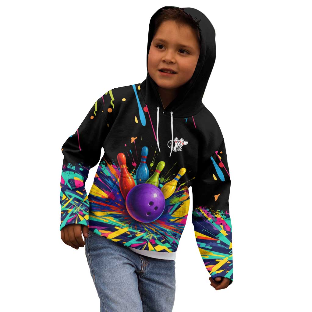 Custom Bowling Strike Design Kid Hoodie Colorful Pins and Purple Ball in Abstract Splatter Art Style - Wonder Print Shop